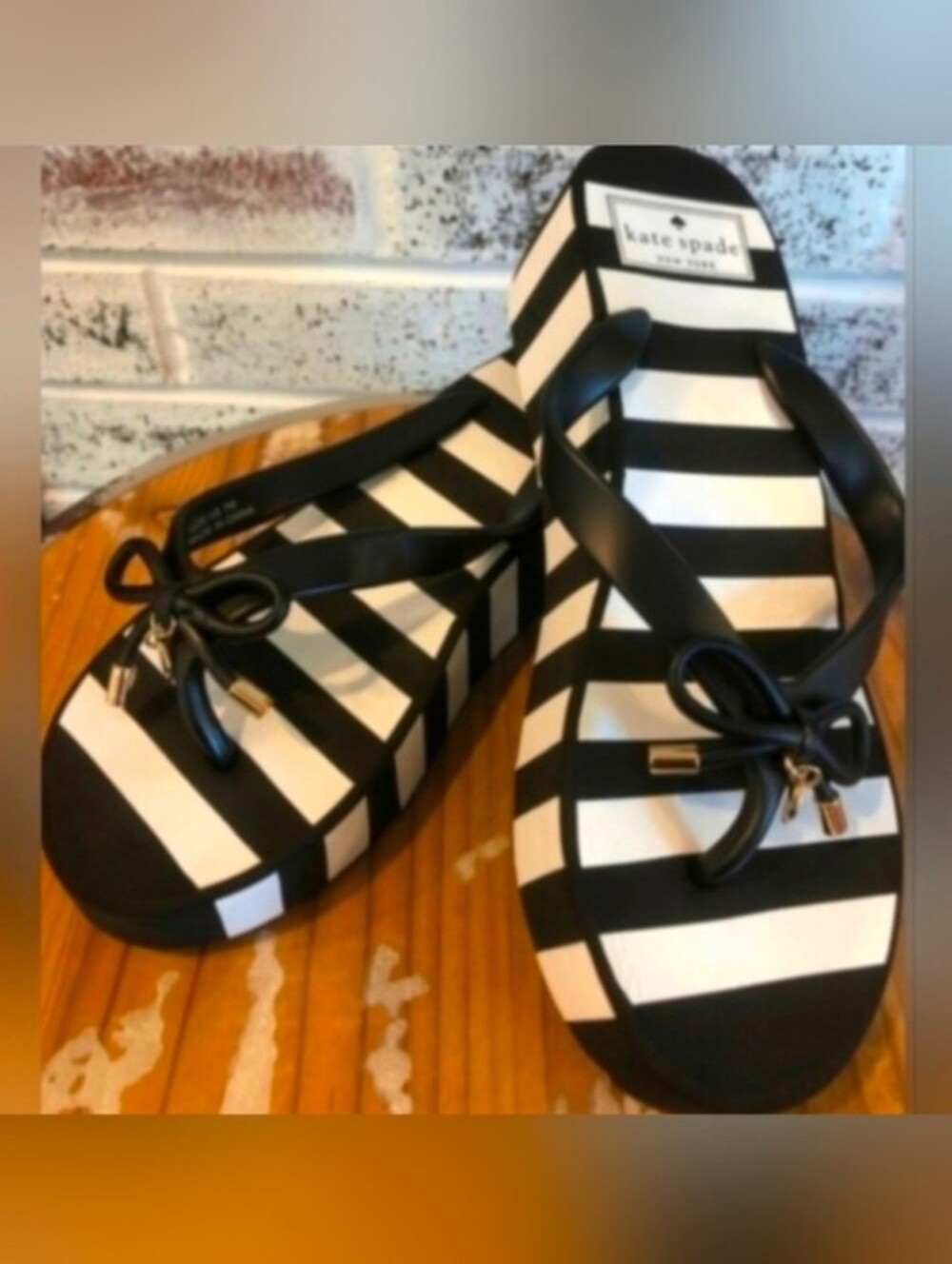 Kate Spade Black and White Striped Thick Platform Sandals with Bow